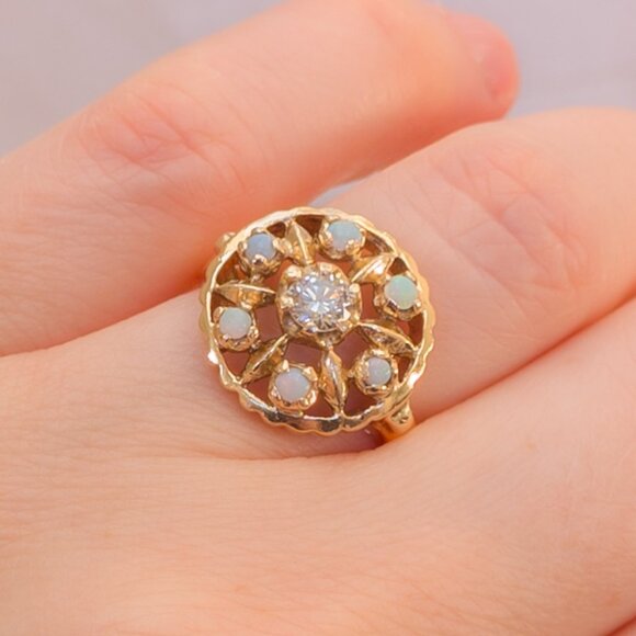 Vintage 14k Gold Rosette Ring · .25 ct Diamond + Opal Halo · Sz 6 ½ - Picture 16 of 16